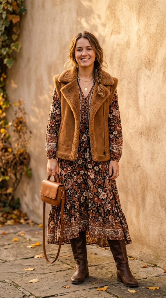 shearling gilet maxi dress boots boho outfit women caramel shearling gilet floral maxi dark boots gold pendant autumn park fallen leaves cosy