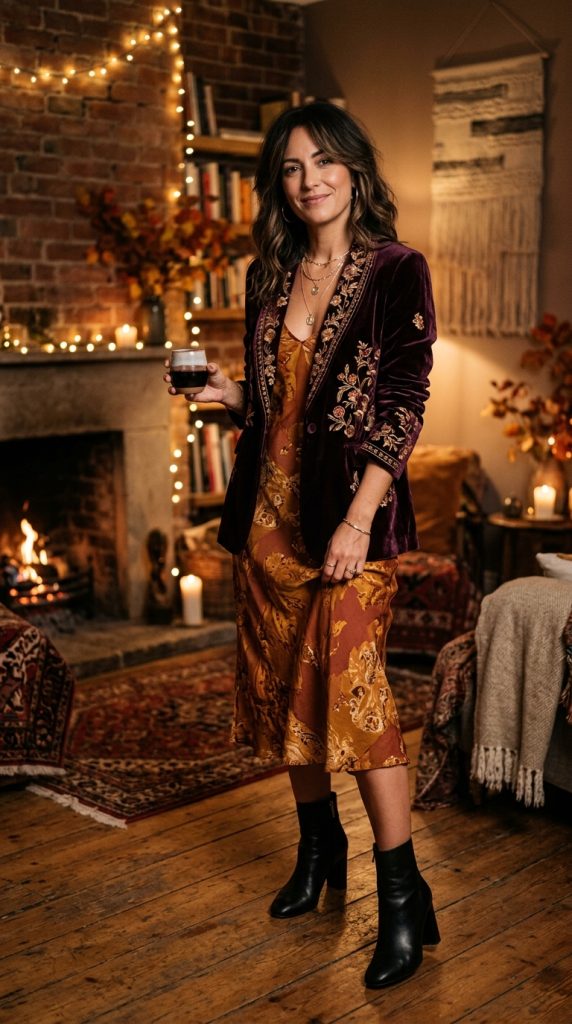 plum velvet blazer printed slip dress boho outfit women dark plum velvet blazer warm printed slip dress black heeled boots gold necklaces amber evening moody