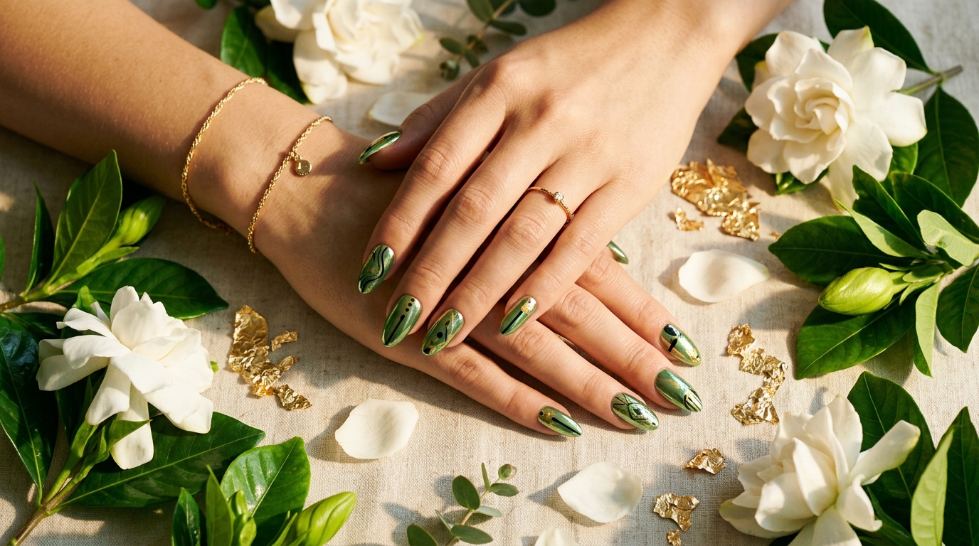green nails ideas 2026 emerald chrome almond nails dark green velvet gardenias gold leaf chain eucalyptus warm golden light flat lay