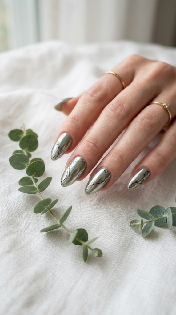 sage chrome green nails ideas almond shifting silver green chrome finish white linen eucalyptus sprig soft morning light minimal elegant