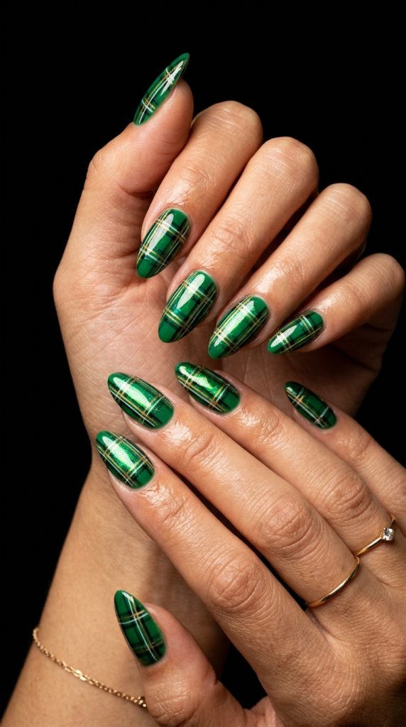 emerald chrome mirror nails almond blinding emerald mirror finish green reflections black background directional light jewel-toned bold editorial