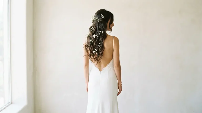 wedding hairstyles long hair bride romantic waves white roses baby's breath backless gown