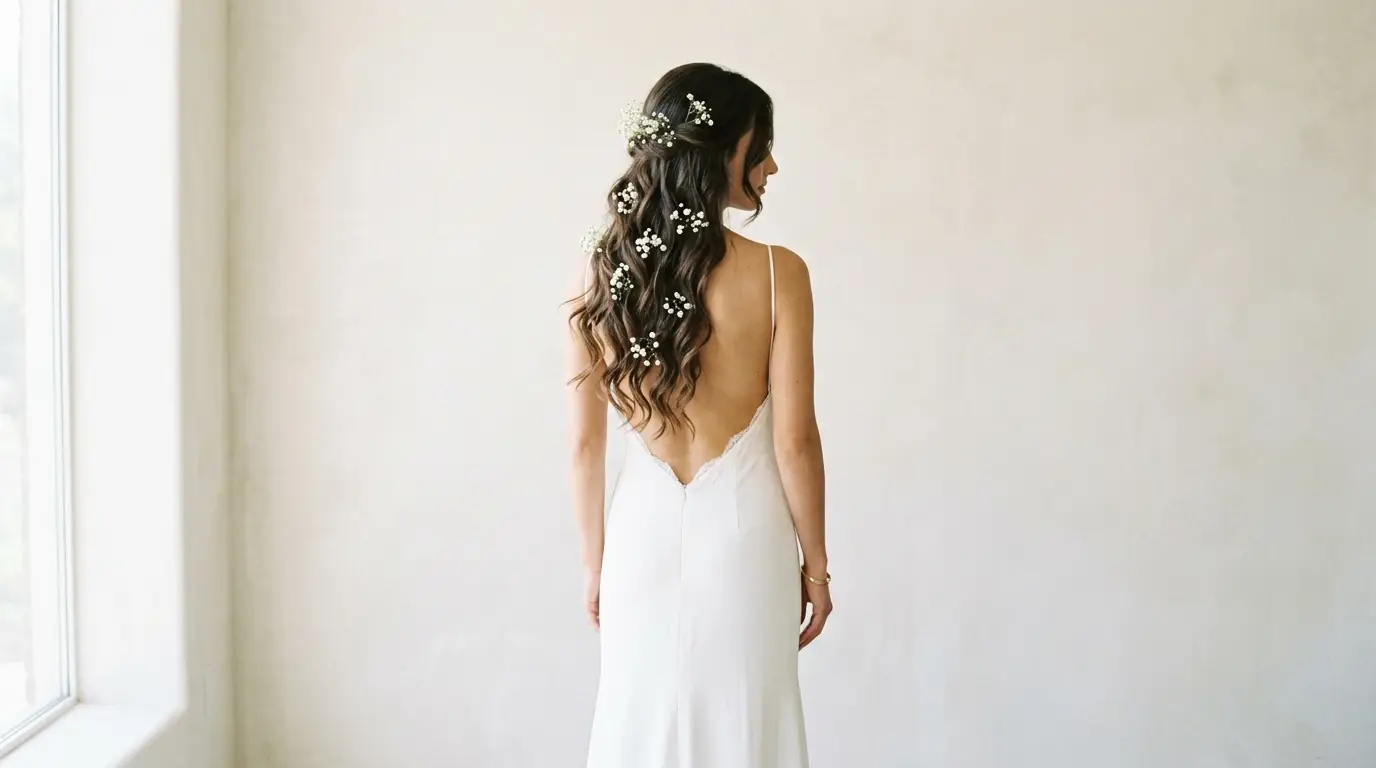 wedding hairstyles long hair bride romantic waves white roses baby's breath backless gown