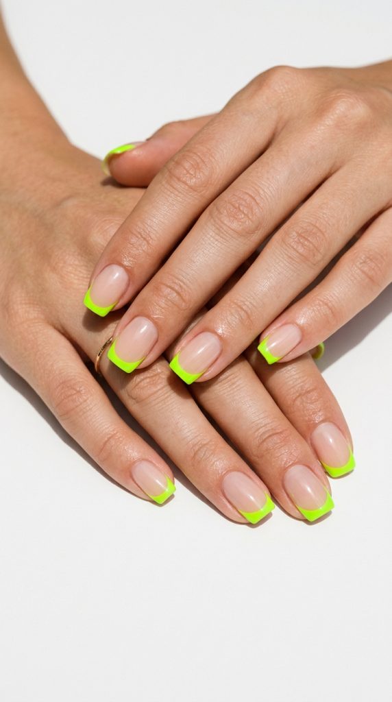 neon green tip nails short square sheer nude base neon lime French tips white background direct light electric bold graphic editorial