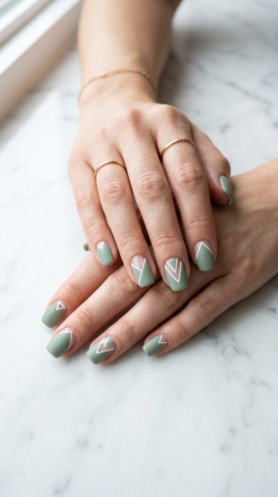 sage white negative space nails soft square sage green white geometric triangles bare nail marble soft natural light minimal art