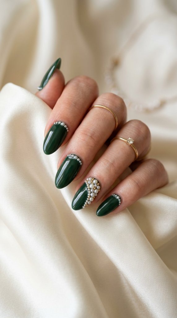 hunter green pearl accent nails almond deep hunter green micro pearl clusters accent nail ivory silk warm light classic elegant
