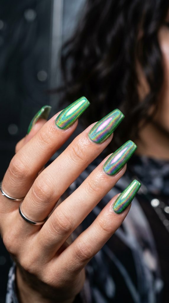 holographic green nails coffin holographic powder rainbow shift pink purple blue gold green dominant motion colour change studio light futuristic editorial