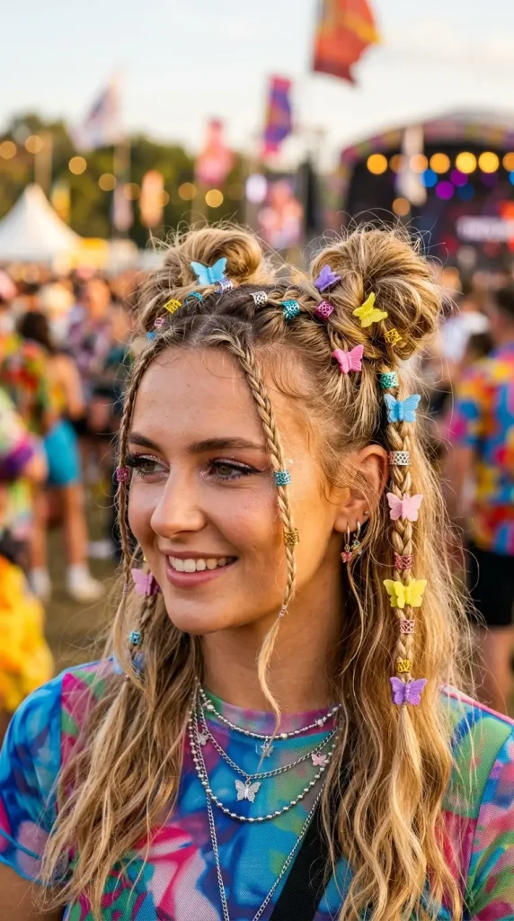 
space buns braids summer hairstyle woman Dutch braids colourful rings butterfly clips festival Y2K outfit bokeh