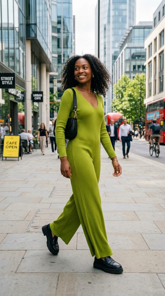 lime green knit jumpsuit women ribbed wide-leg platform loafers black bag gold jewellery natural hair city street casual viral street style