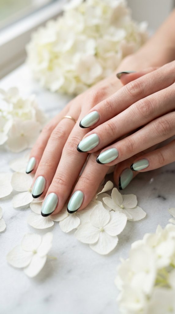 mint green glazed nails soft oval pearlescent chrome shifting mint pearl white hydrangeas marble morning light fresh dreamy