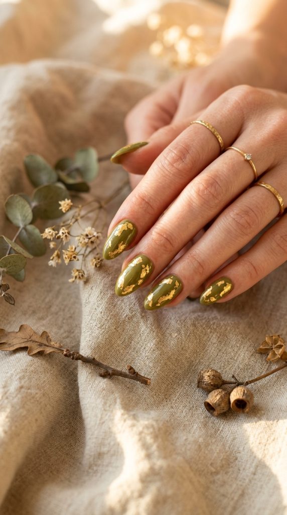 olive green gold foil nails almond warm olive organic gold foil pieces aged linen dried botanicals golden afternoon light earthy luxe