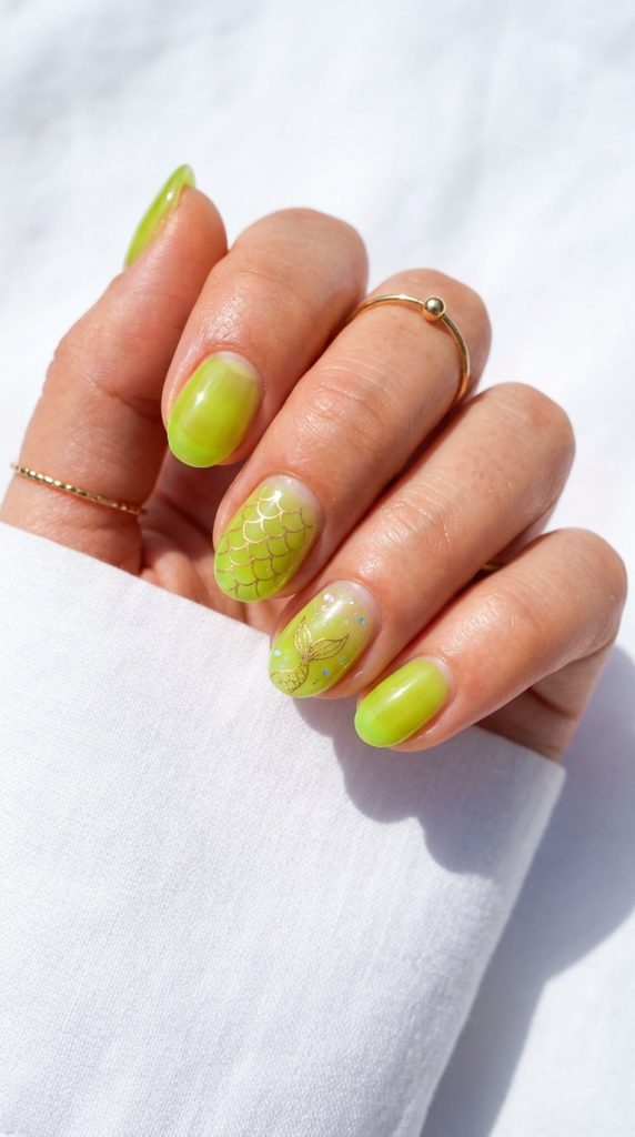 lime green jelly nails short oval translucent lime glowing glass finish natural nail visible white background summer sunlight playful