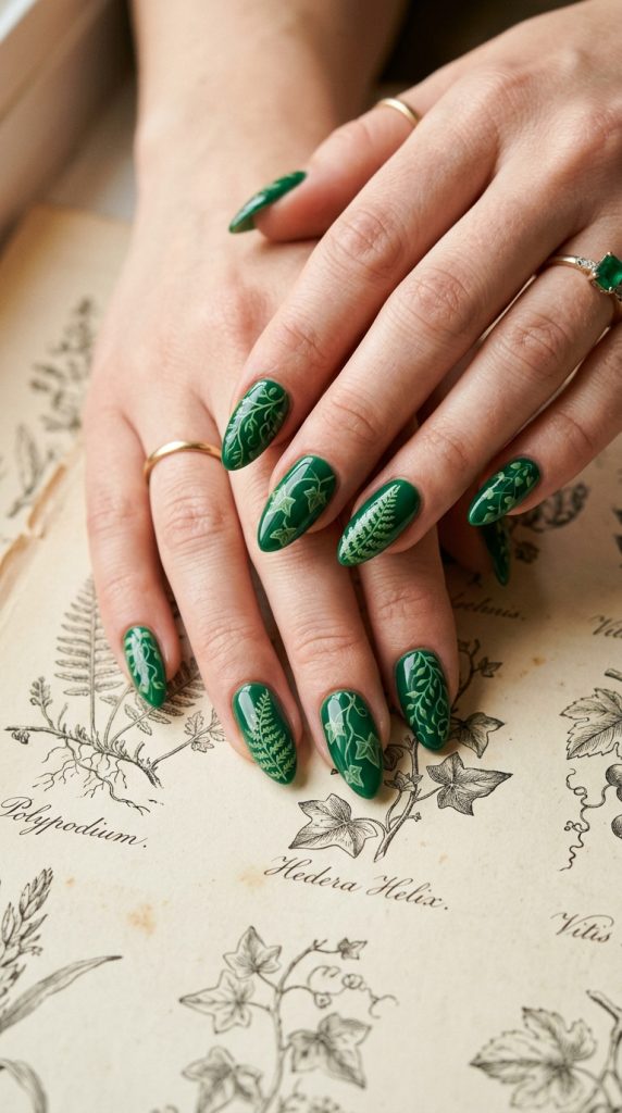 emerald green botanical nail art almond rich emerald hand-painted ferns ivy leaves vines different elements botanical paper warm light artistic