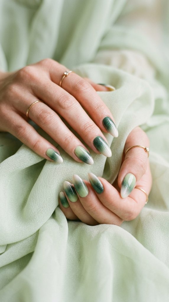 pistachio green ombre nails almond pistachio white gradient seamless delicate pale chiffon fabric soft morning light watercolour dreamy