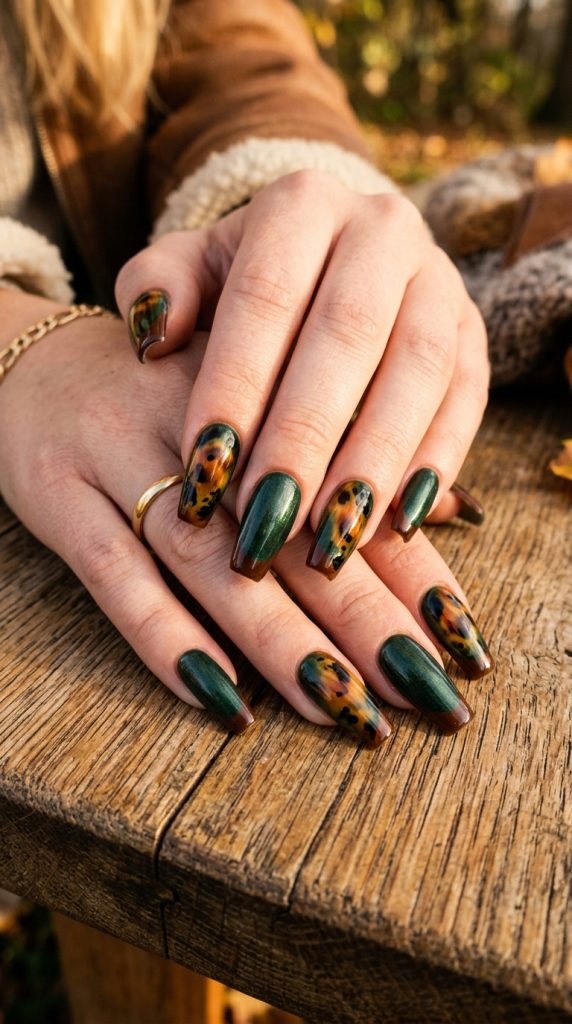 dark olive tortoiseshell nails coffin dark olive amber brown black organic swirl pattern aged oak warm autumn light unique artistic