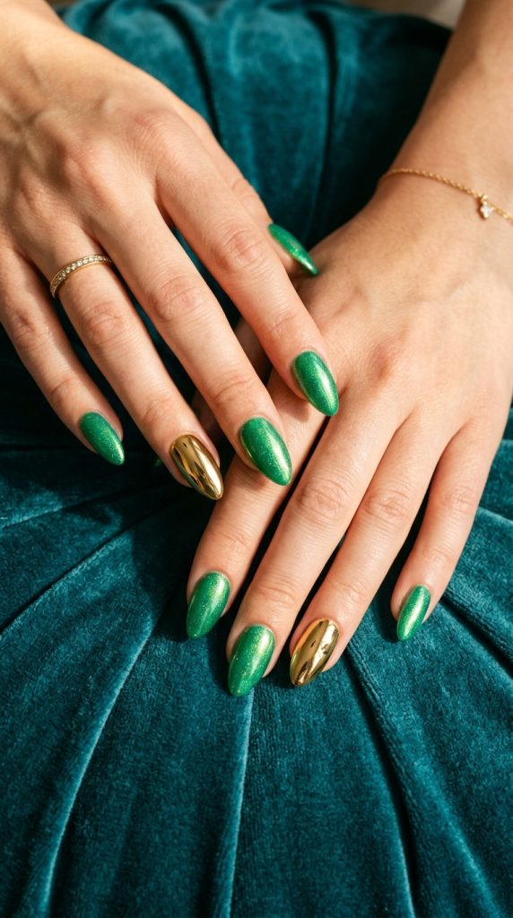 green gold chrome accent nails almond bright vivid teal single gold chrome mirror accent teal velvet directional light bold editorial