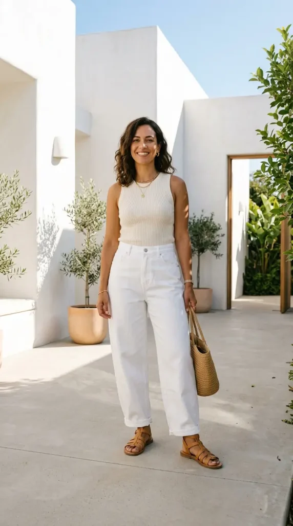 white baggy jeans outfit women wide leg cream ribbed tank tan sandals gold necklaces minimalist outdoor natural light