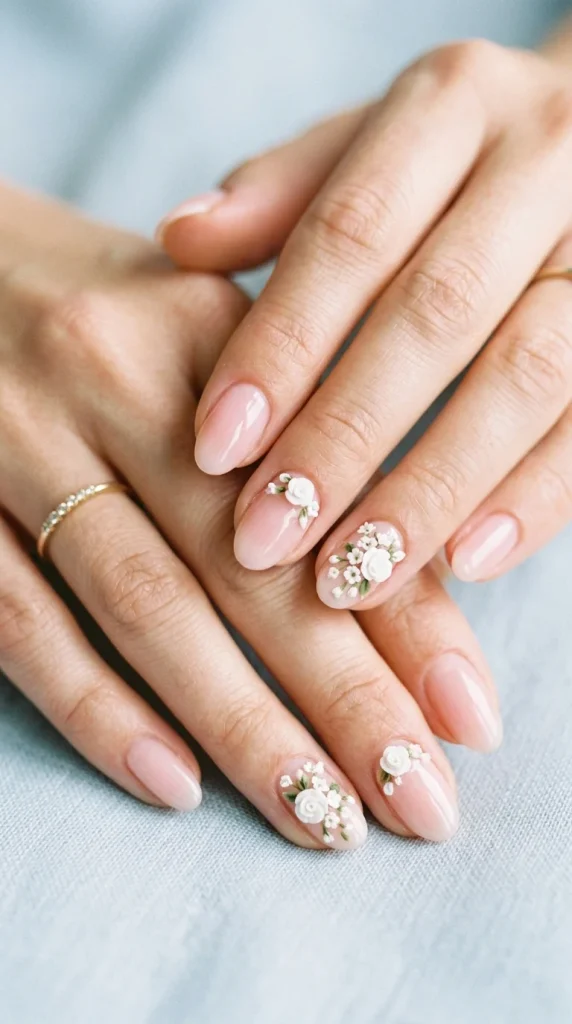 white floral nail art wedding guest soft oval sheer pink 3D white roses baby's breath garden flowers morning light editorial