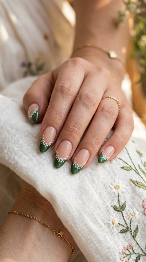 green French tip floral nail art almond nude base forest green tip tiny white daisies tip edge floral fabric warm light romantic modern