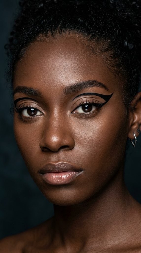 floating liner negative space eye makeup Black woman artistic editorial bold dark skin studio portrait