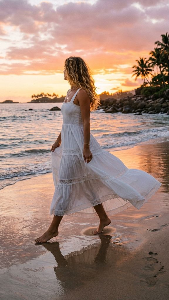 white boho tiered maxi dress barefoot tropical beach sunset flowing in ocean breeze gold jewellery