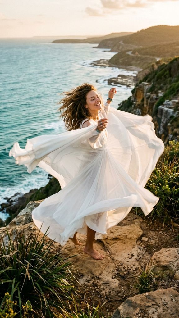 flowy white boho chiffon dress spinning on a clifftop ocean backdrop motion blur joy golden light