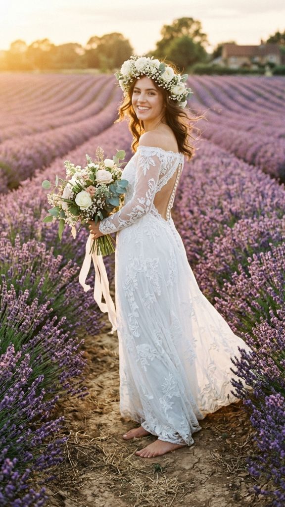  white boho wedding dress botanical lace flower crown barefoot lavender field golden hour bridal