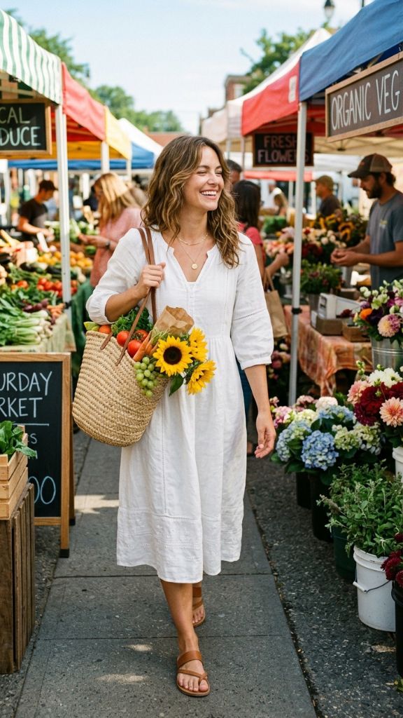  casual white boho midi dress farmers market morning woven tote sunflowers leather sandals gold chain