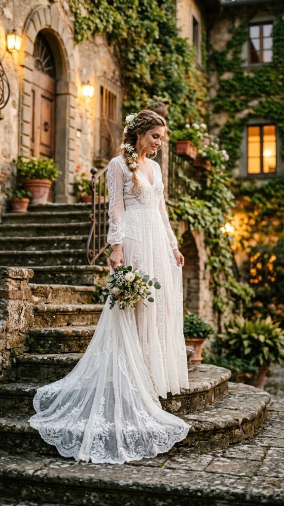  long white boho dress lace overlay trailing stone steps European villa dusk romantic luminous
