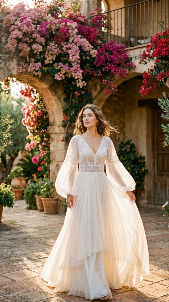 boho dress bishop bell sleeves Spanish hacienda courtyard bougainvillea golden afternoon light
