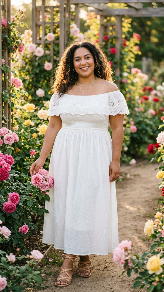 white boho dress plus size empire waist off-shoulder embroidery rose garden golden light confident