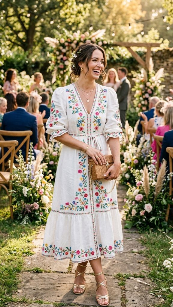 white boho dress wedding guest colourful embroidery strappy heels garden ceremony updo jasmine