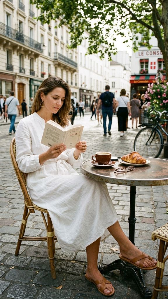 white boho linen dress Paris outdoor café dappled afternoon light reading book natural creases elegant