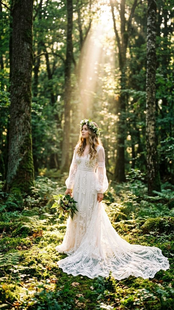white boho dress sheer lace sleeves botanical fern embroidery ancient forest golden shaft light flower crown