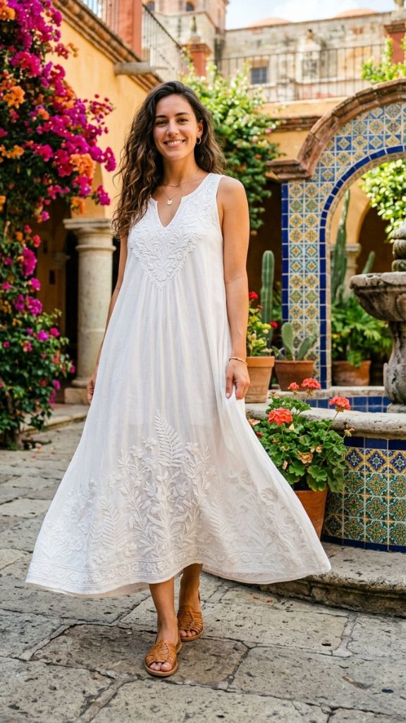 white boho dress tone-on-tone botanical embroidery Oaxaca Mexico courtyard bougainvillea gold jewellery