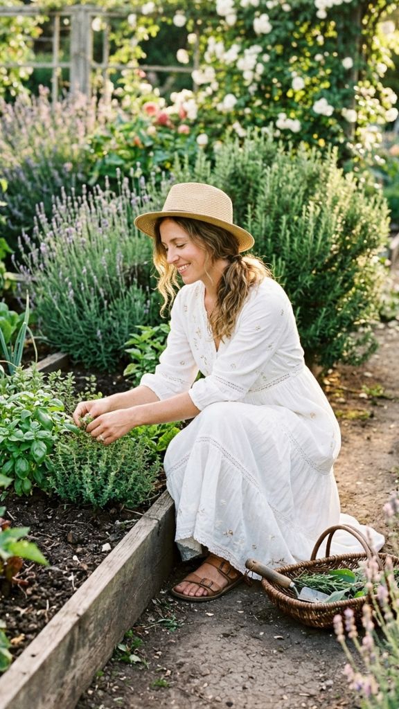  sustainable white boho organic cotton dress garden herbs lavender roses conscious living radiant peaceful
