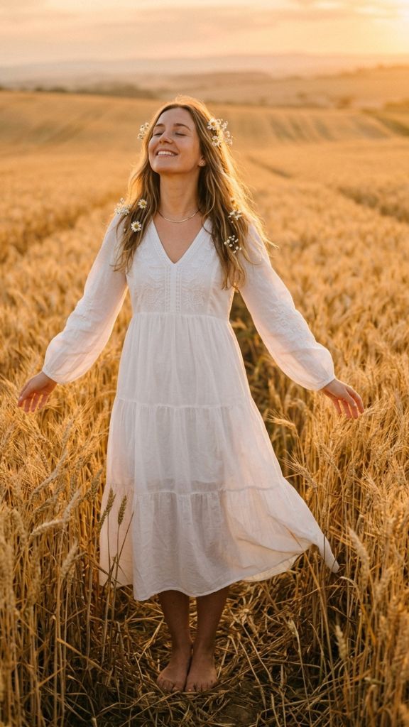 perfect white boho dress barefoot golden wheat field magic hour joy peace arms open white wildflowers
