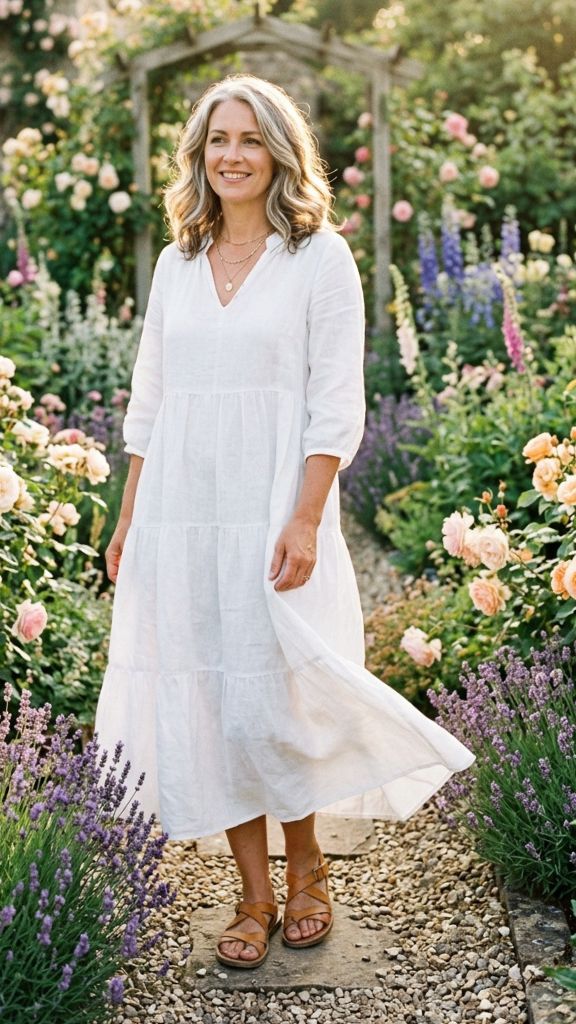  white boho dress for women mid forties confident cottage garden roses lavender golden light timeless