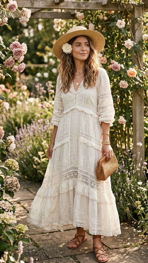  how to Style a White Boho Dress for a Single Woman's Complete Look with a Straw Hat, Gold Necklaces, a Rattan Clutch, and a Rose Garden