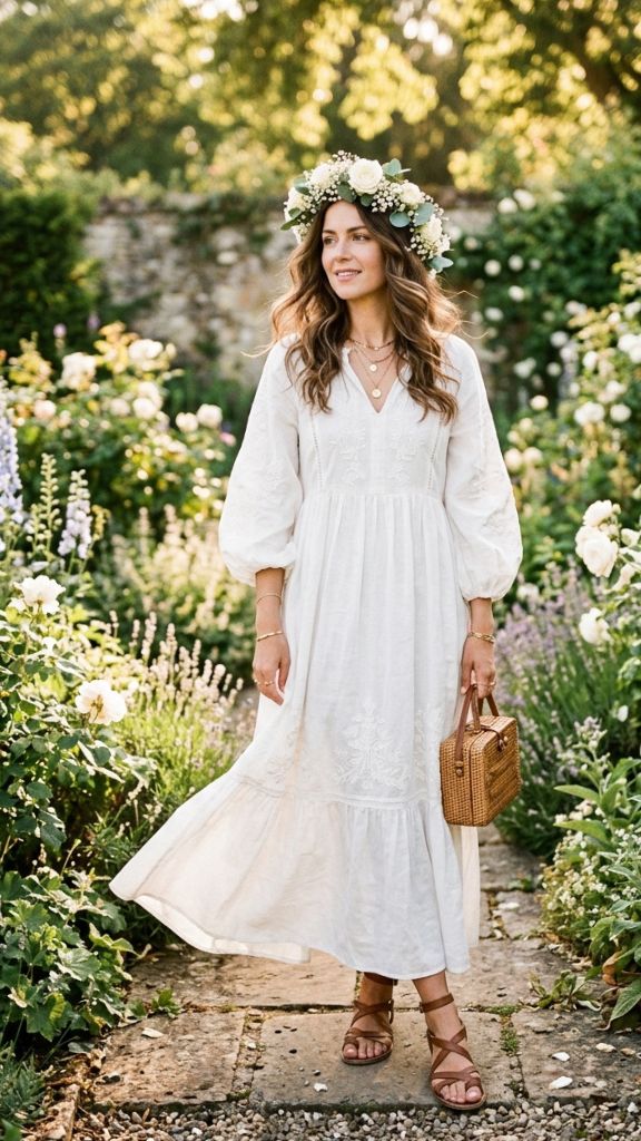  what to wear with white boho dress single woman flower crown gold necklaces rattan bag leather sandals garden