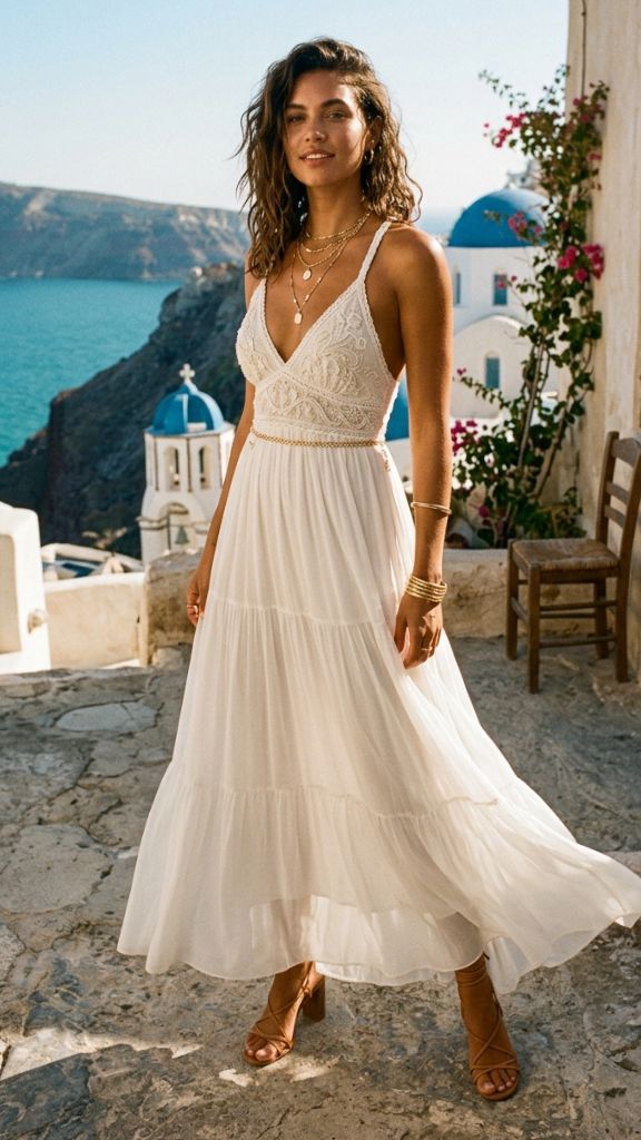 bold white boho maxi dress deep V neckline sleeveless model Santorini stone courtyard Aegean Sea gold necklaces golden light