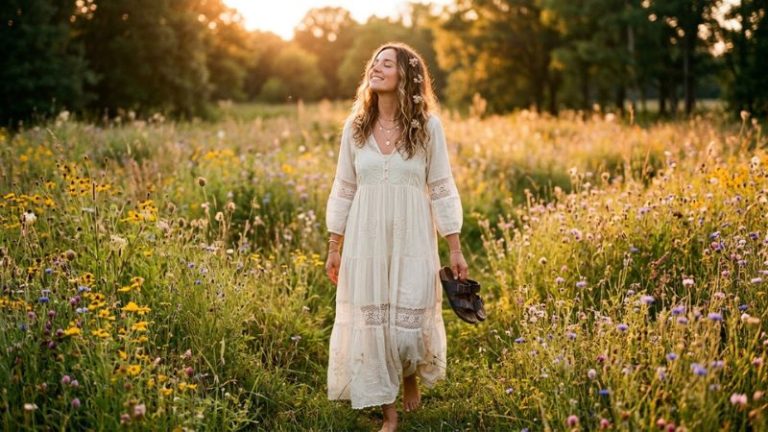white boho dress ideas 2026 woman flowing white maxi barefoot wildflower meadow golden hour