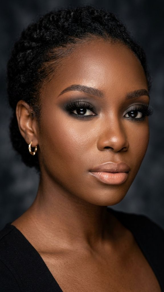 
classic deep smoky eye makeup Black woman charcoal espresso blended dramatic studio portrait