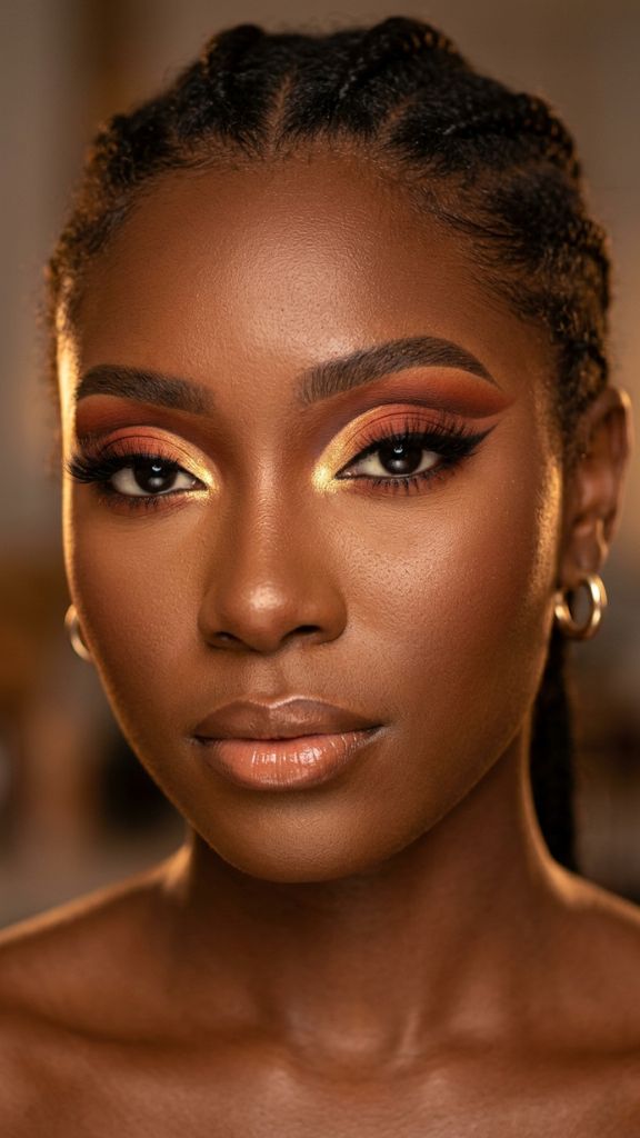 cut crease eye makeup Black woman burnt orange terracotta rust golden highlight dark skin editorial