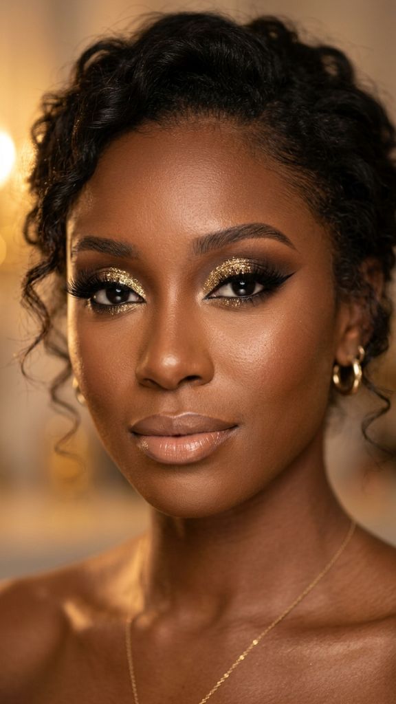 gold glitter smoky eye makeup Black woman deep brown base liner wing dramatic lashes editorial