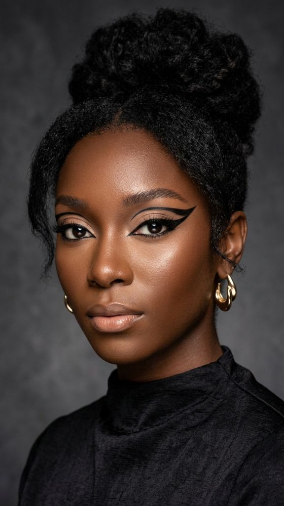 graphic black liner sultry eye makeup Black women bold cat-eye wing floating liner dark skin editorial