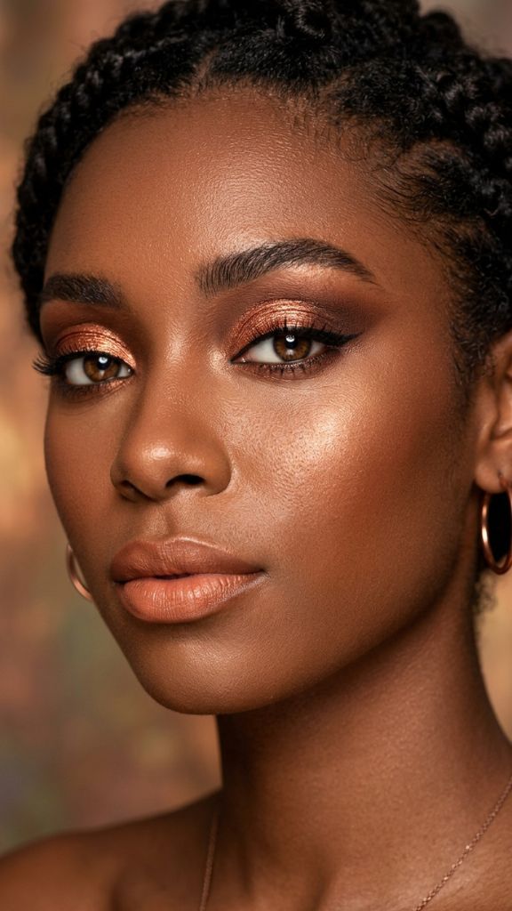 
copper metallic eye makeup Black woman warm brown crease liner radiant dark skin editorial beauty