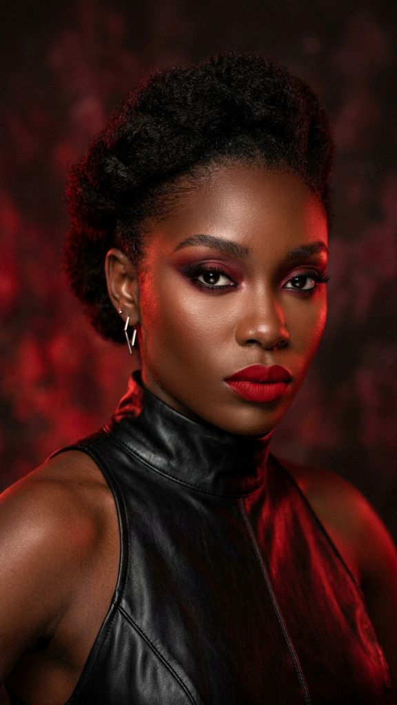 red eye makeup Black woman oxblood crimson smoky lower lash line bold red lip dark skin editorial fierce
