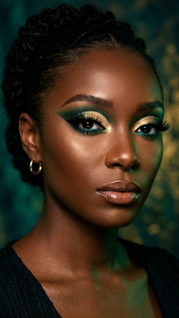 
emerald green cut crease eye makeup Black woman gold lid teal waterline dark skin jewel tone editorial