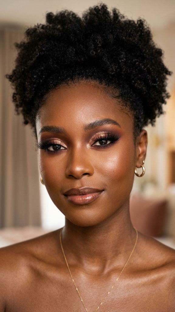 
bronze halo eye makeup Black woman burgundy corners metallic centre lid dark skin dimensional editorial